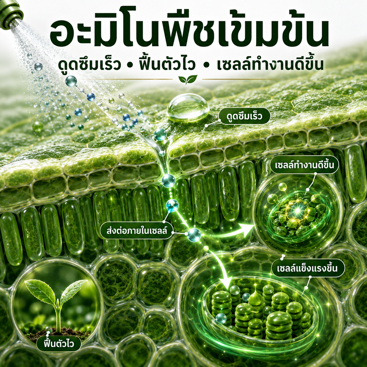 ภาพแสดงการทำงานของอะมิโนพืชเข้มข้นต่อเซลล์พืช